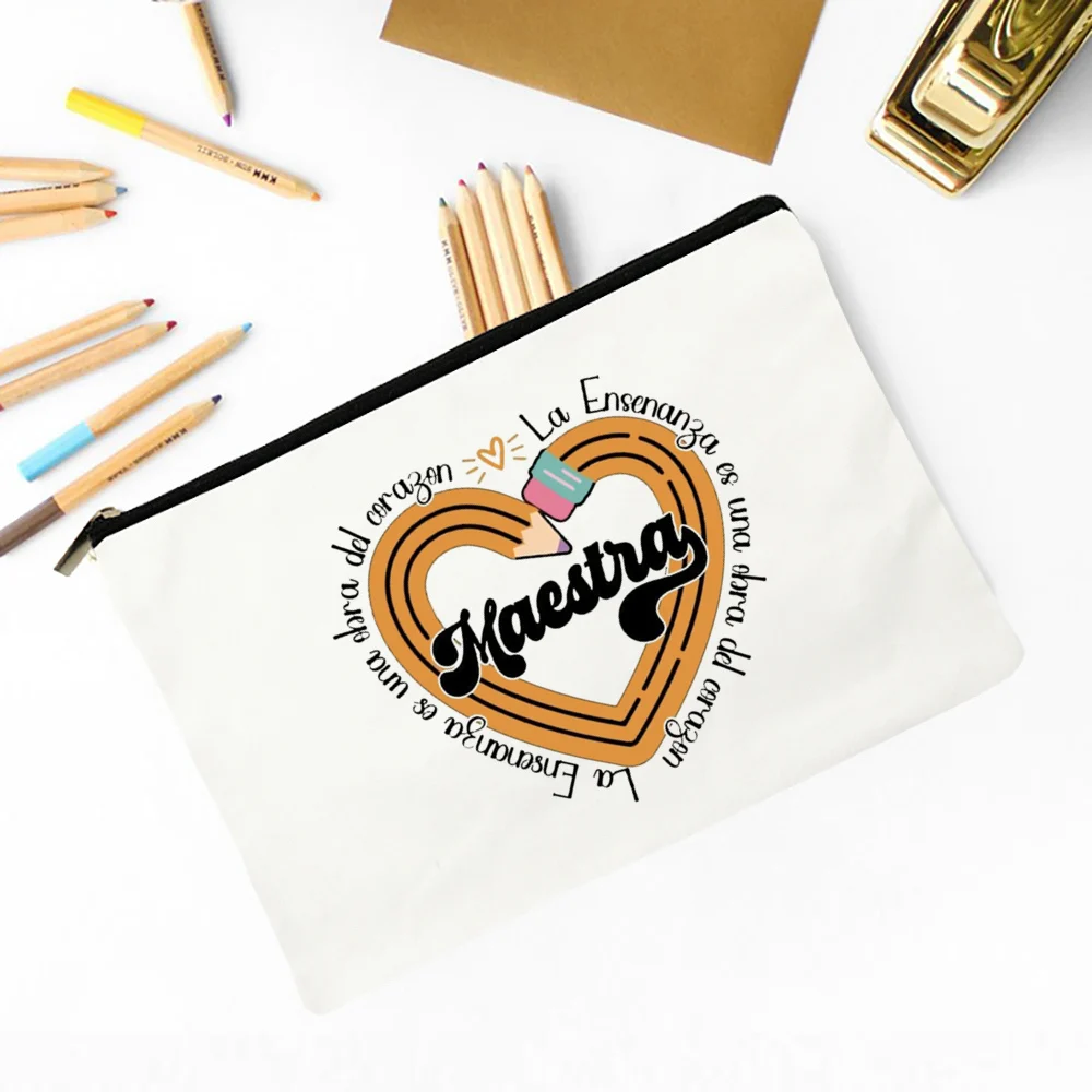 Maestra Spanish Heart print Makeup Bag Travel Neceser Travel Toiletry Organizer case Pencil Bags back to school Gift for teacher