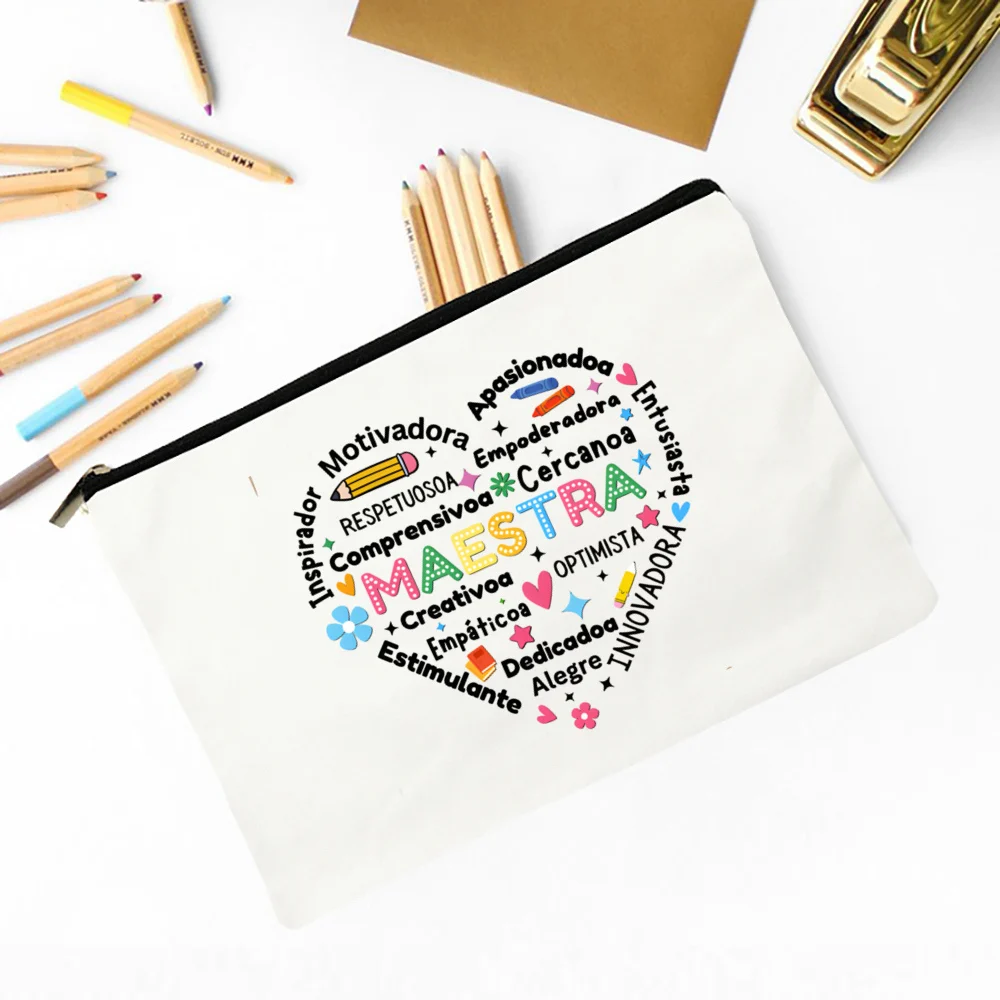 Maestra Spanish Heart print Makeup Bag Travel Neceser Travel Toiletry Organizer case Pencil Bags back to school Gift for teacher