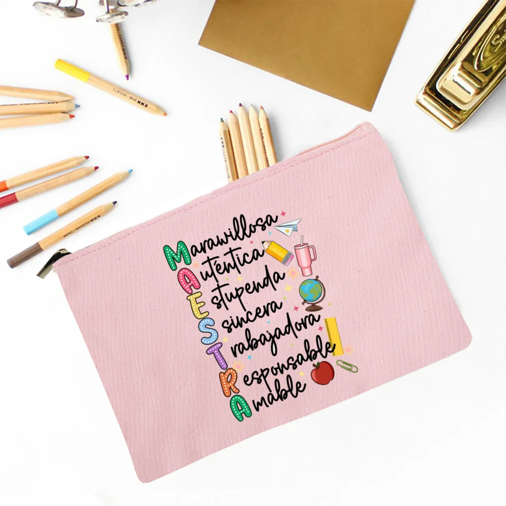 Maestra Spanish Heart print Makeup Bag Travel Neceser Travel Toiletry Organizer case Pencil Bags back to school Gift for teacher