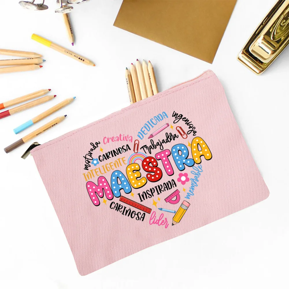 Maestra Spanish Heart print Makeup Bag Travel Neceser Travel Toiletry Organizer case Pencil Bags back to school Gift for teacher