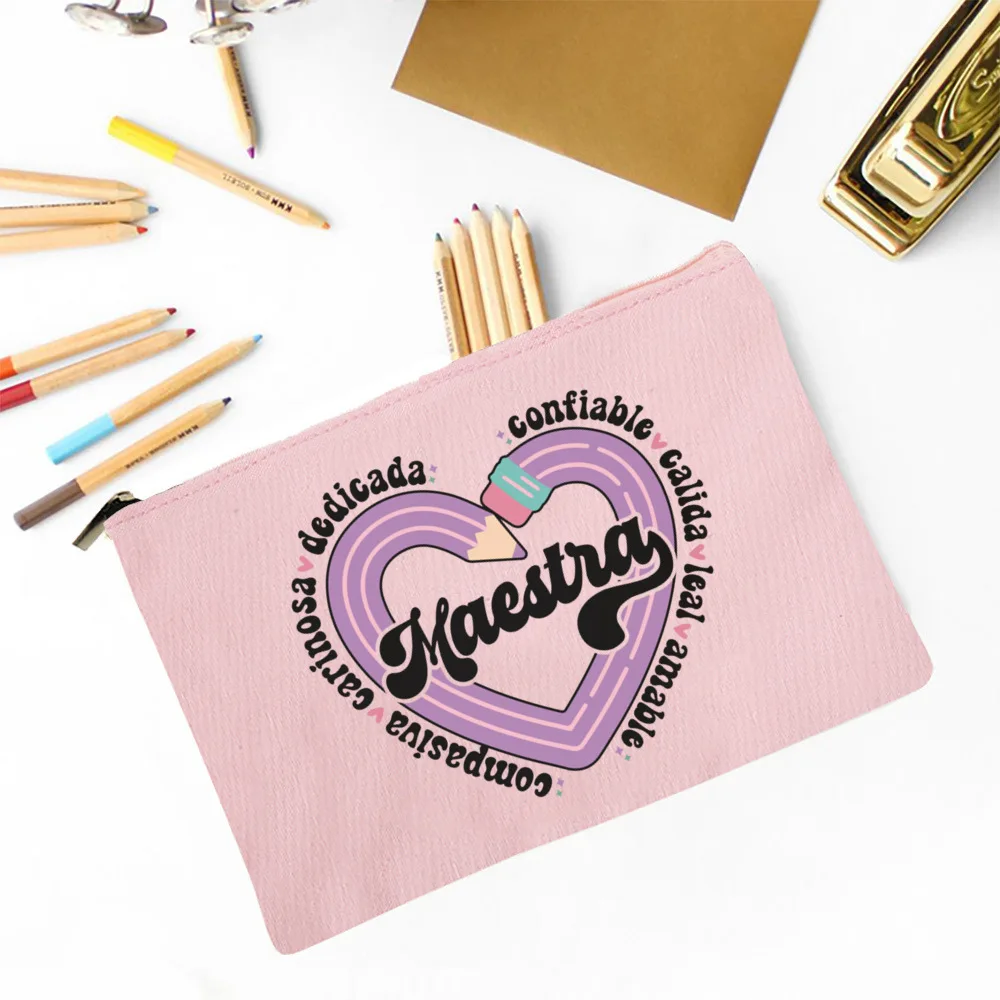 Maestra Spanish Heart print Makeup Bag Travel Neceser Travel Toiletry Organizer case Pencil Bags back to school Gift for teacher