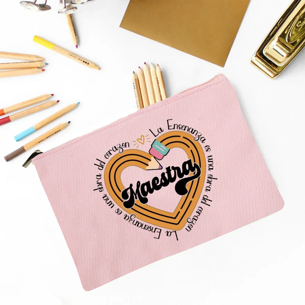 Maestra Spanish Heart print Makeup Bag Travel Neceser Travel Toiletry Organizer case Pencil Bags back to school Gift for teacher