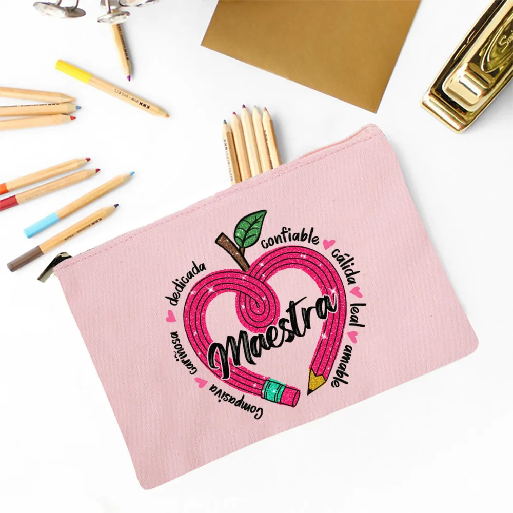 Maestra Spanish Heart print Makeup Bag Travel Neceser Travel Toiletry Organizer case Pencil Bags back to school Gift for teacher