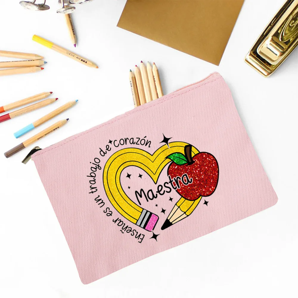 Maestra Spanish Heart print Makeup Bag Travel Neceser Travel Toiletry Organizer case Pencil Bags back to school Gift for teacher