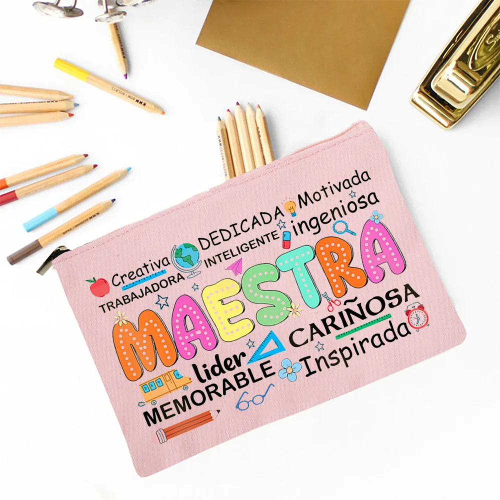 Maestra Spanish Heart print Makeup Bag Travel Neceser Travel Toiletry Organizer case Pencil Bags back to school Gift for teacher