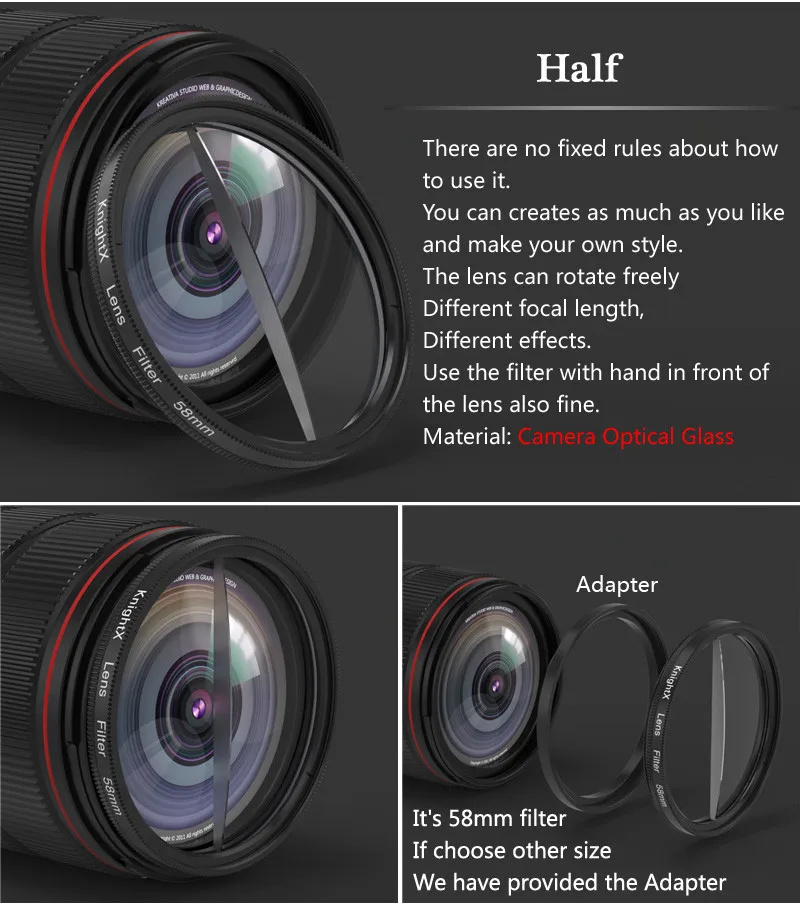 KnightX 58mm Prism Filter Kaleidoscope FX Split Diopter Special Effects Photography Accessorie for Canon Nikon Olympus