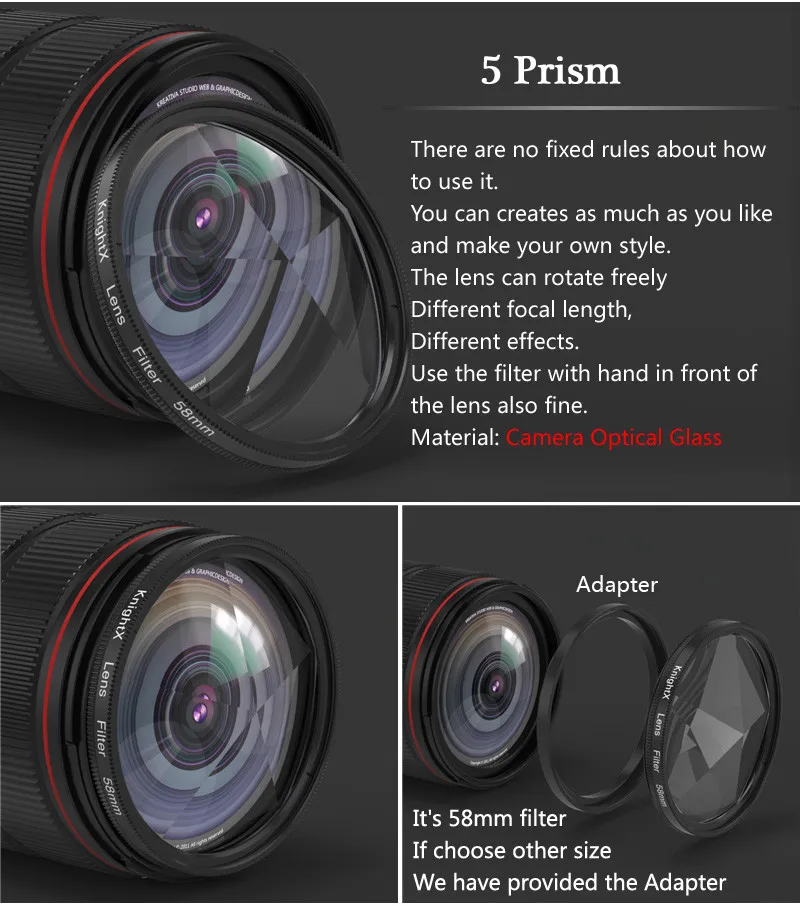 KnightX 58mm Prism Filter Kaleidoscope FX Split Diopter Special Effects Photography Accessorie for Canon Nikon Olympus
