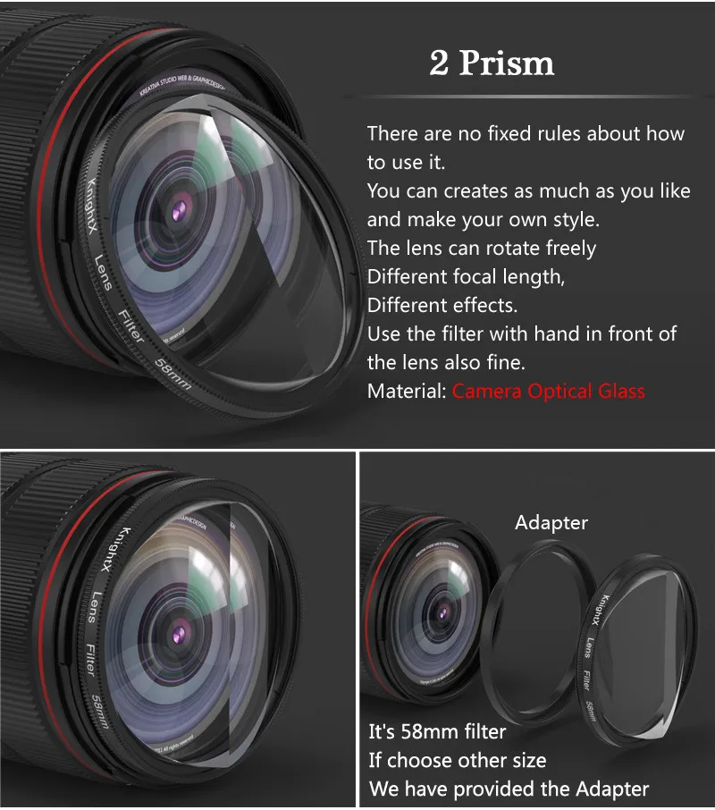 KnightX 58mm Prism Filter Kaleidoscope FX Split Diopter Special Effects Photography Accessorie for Canon Nikon Olympus