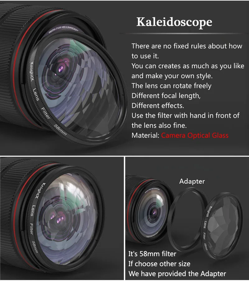 KnightX 58mm Prism Filter Kaleidoscope FX Split Diopter Special Effects Photography Accessorie for Canon Nikon Olympus