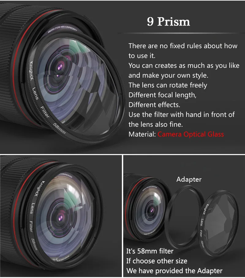 KnightX 58mm Prism Filter Kaleidoscope FX Split Diopter Special Effects Photography Accessorie for Canon Nikon Olympus