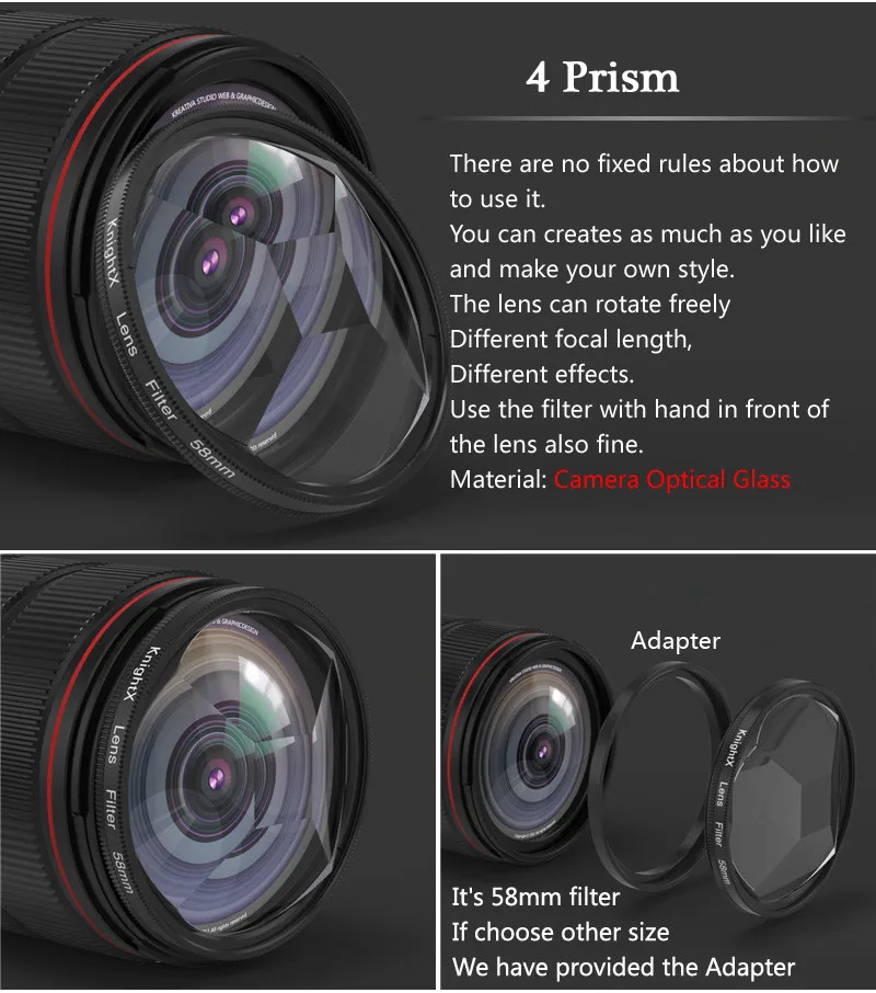 KnightX 58mm Prism Filter Kaleidoscope FX Split Diopter Special Effects Photography Accessorie for Canon Nikon Olympus