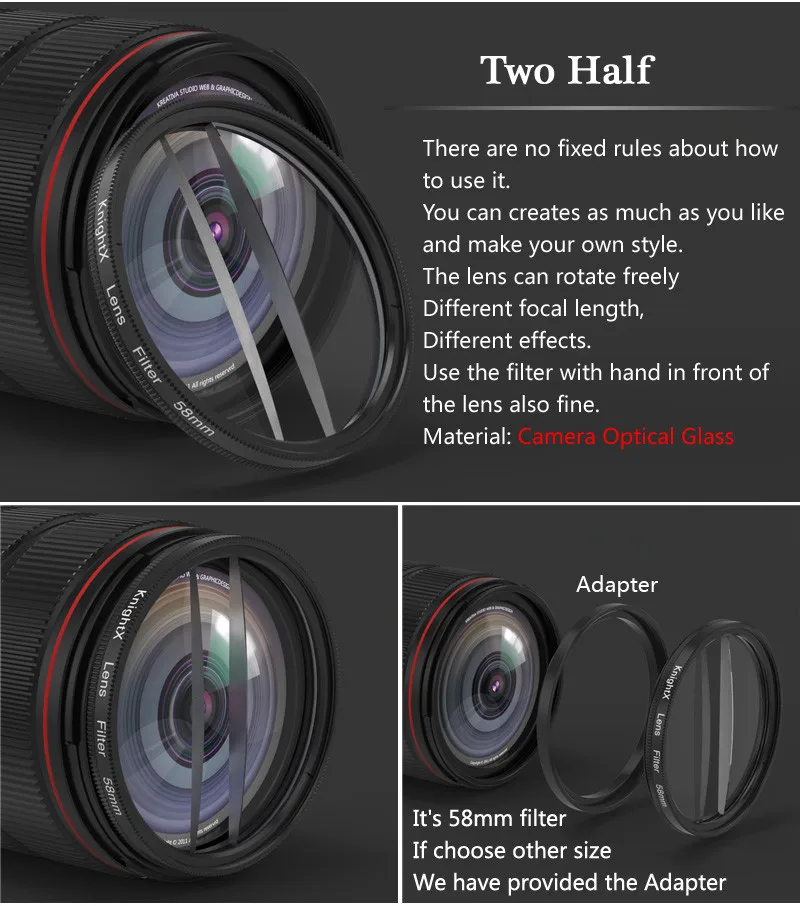 KnightX 58mm Prism Filter Kaleidoscope FX Split Diopter Special Effects Photography Accessorie for Canon Nikon Olympus