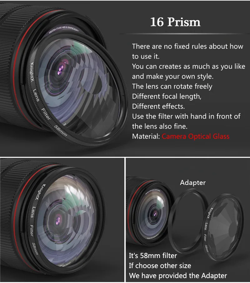 KnightX 58mm Prism Filter Kaleidoscope FX Split Diopter Special Effects Photography Accessorie for Canon Nikon Olympus