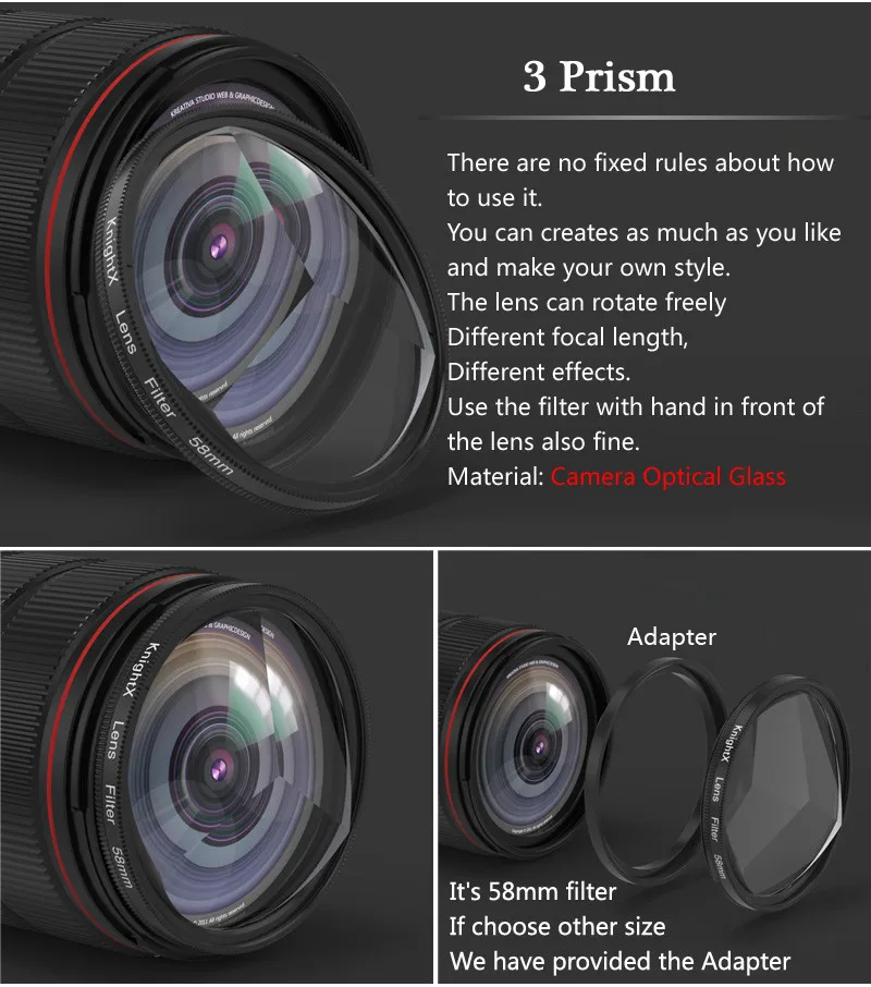 KnightX 58mm Prism Filter Kaleidoscope FX Split Diopter Special Effects Photography Accessorie for Canon Nikon Olympus