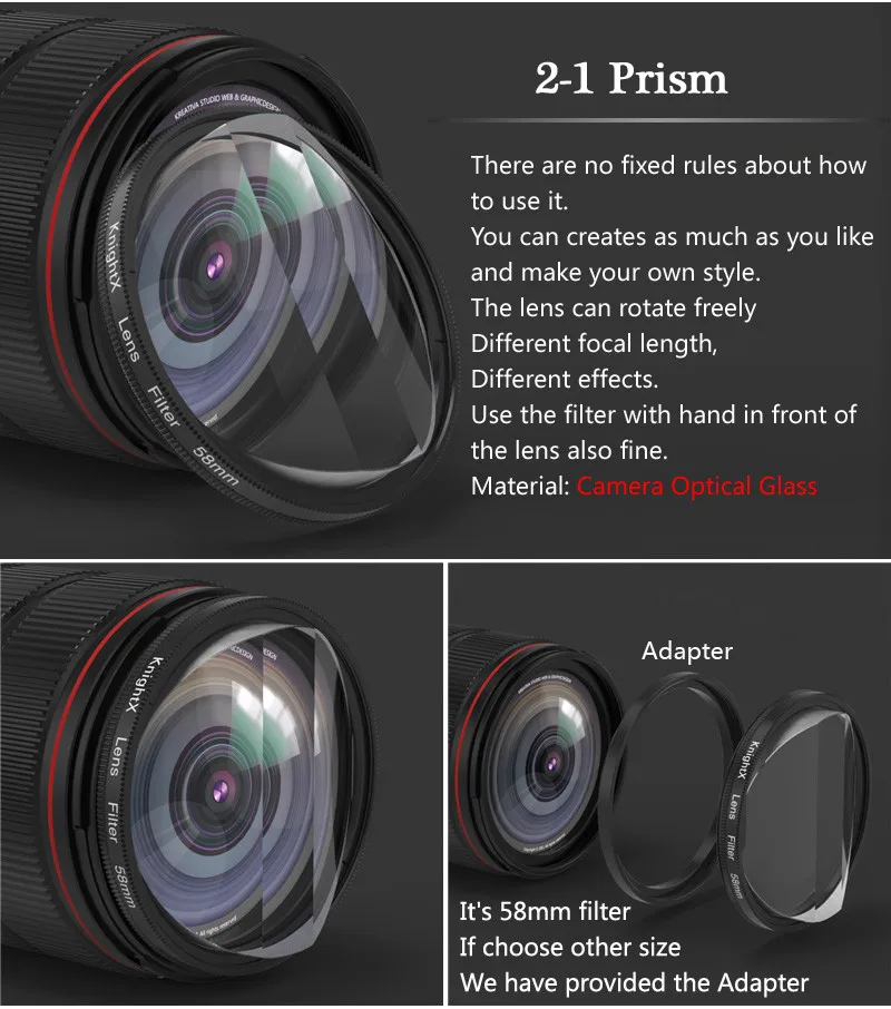 KnightX 58mm Prism Filter Kaleidoscope FX Split Diopter Special Effects Photography Accessorie for Canon Nikon Olympus