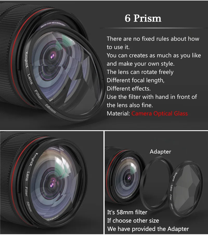 KnightX 58mm Prism Filter Kaleidoscope FX Split Diopter Special Effects Photography Accessorie for Canon Nikon Olympus