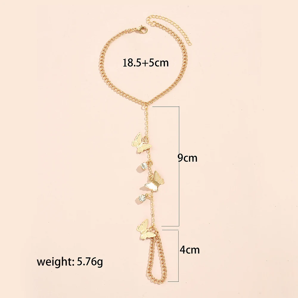 Simple Heart Pendant Chain Bracelet Link Connected Gold Plated Wide Finger Ring Bracelets for Women Link Hand Harness Jewelry