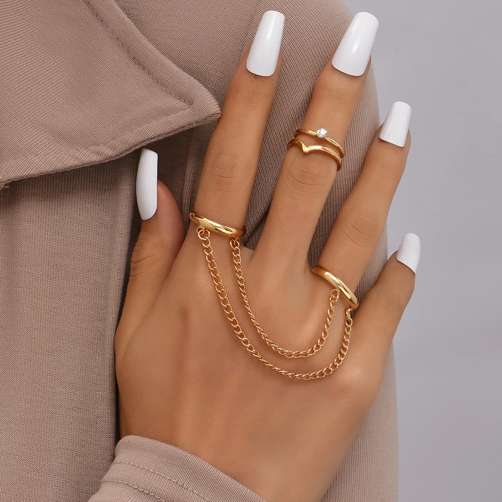 Simple Heart Pendant Chain Bracelet Link Connected Gold Plated Wide Finger Ring Bracelets for Women Link Hand Harness Jewelry