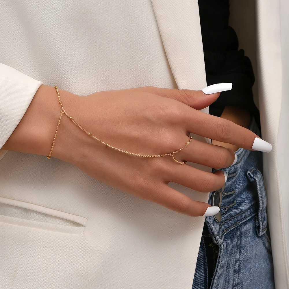 Simple Heart Pendant Chain Bracelet Link Connected Gold Plated Wide Finger Ring Bracelets for Women Link Hand Harness Jewelry