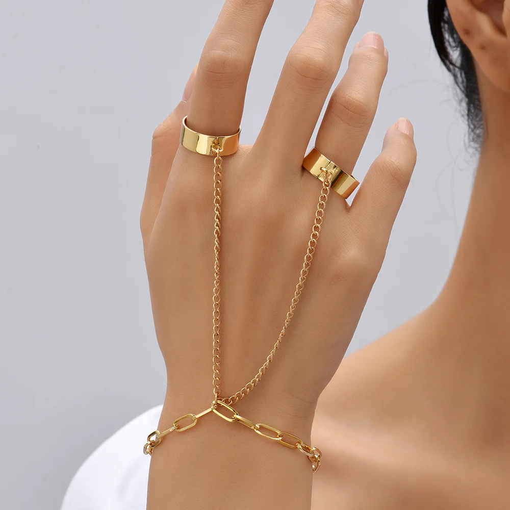 Simple Heart Pendant Chain Bracelet Link Connected Gold Plated Wide Finger Ring Bracelets for Women Link Hand Harness Jewelry