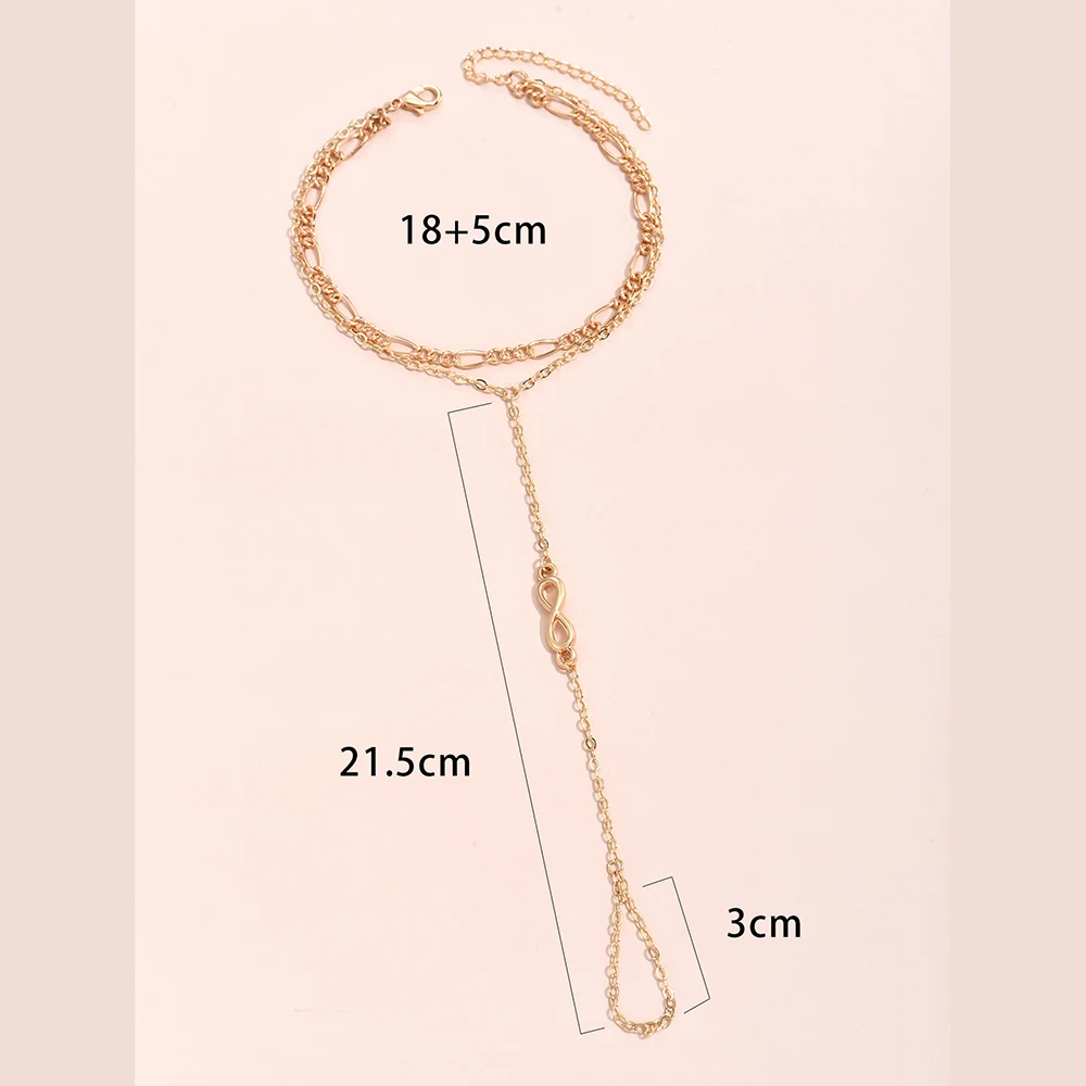 Simple Heart Pendant Chain Bracelet Link Connected Gold Plated Wide Finger Ring Bracelets for Women Link Hand Harness Jewelry