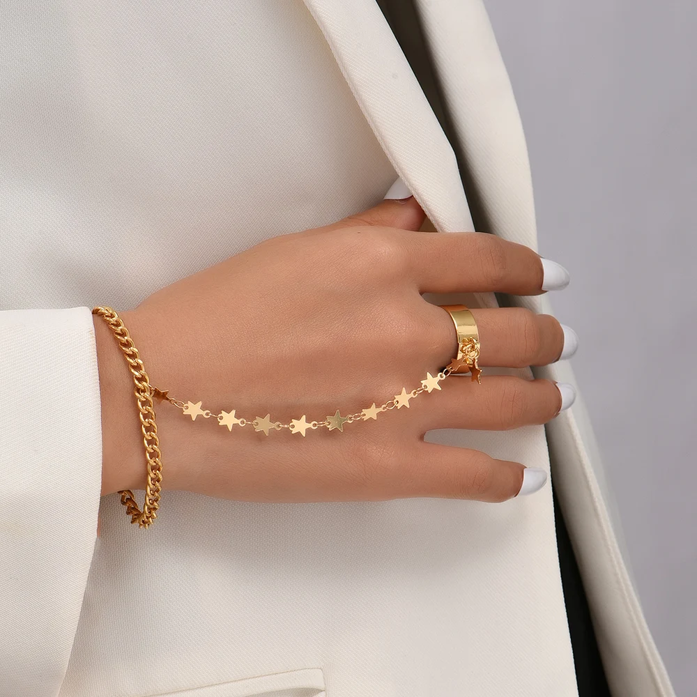 Simple Heart Pendant Chain Bracelet Link Connected Gold Plated Wide Finger Ring Bracelets for Women Link Hand Harness Jewelry