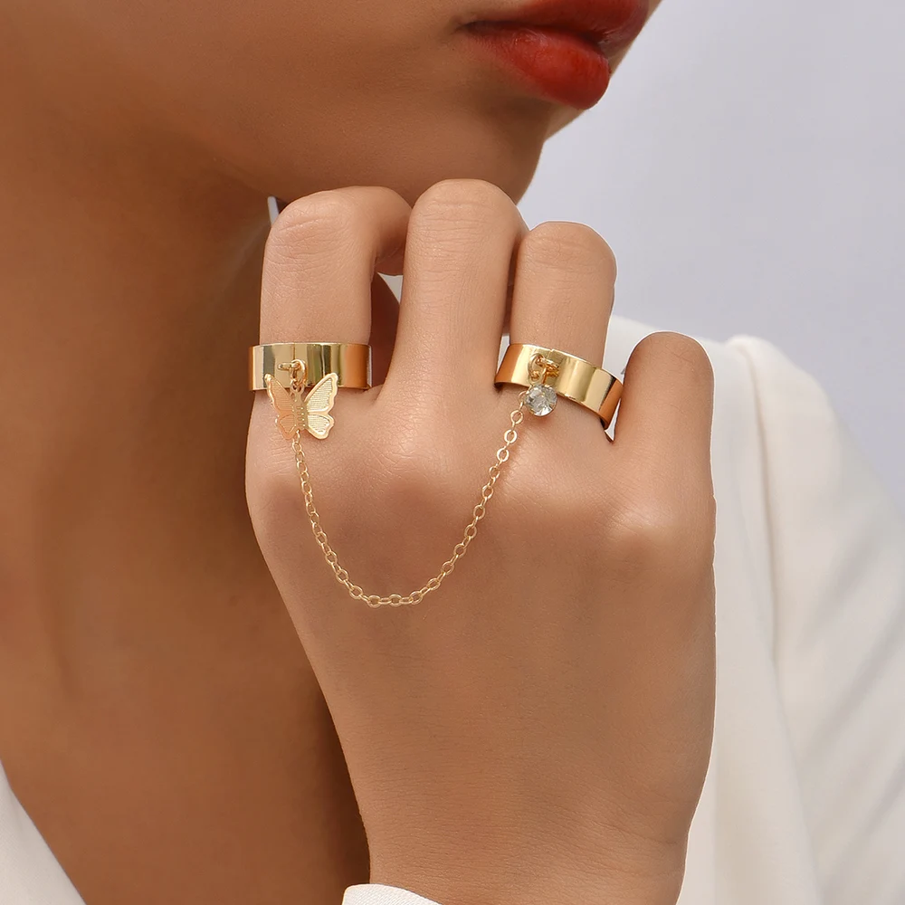 Simple Heart Pendant Chain Bracelet Link Connected Gold Plated Wide Finger Ring Bracelets for Women Link Hand Harness Jewelry