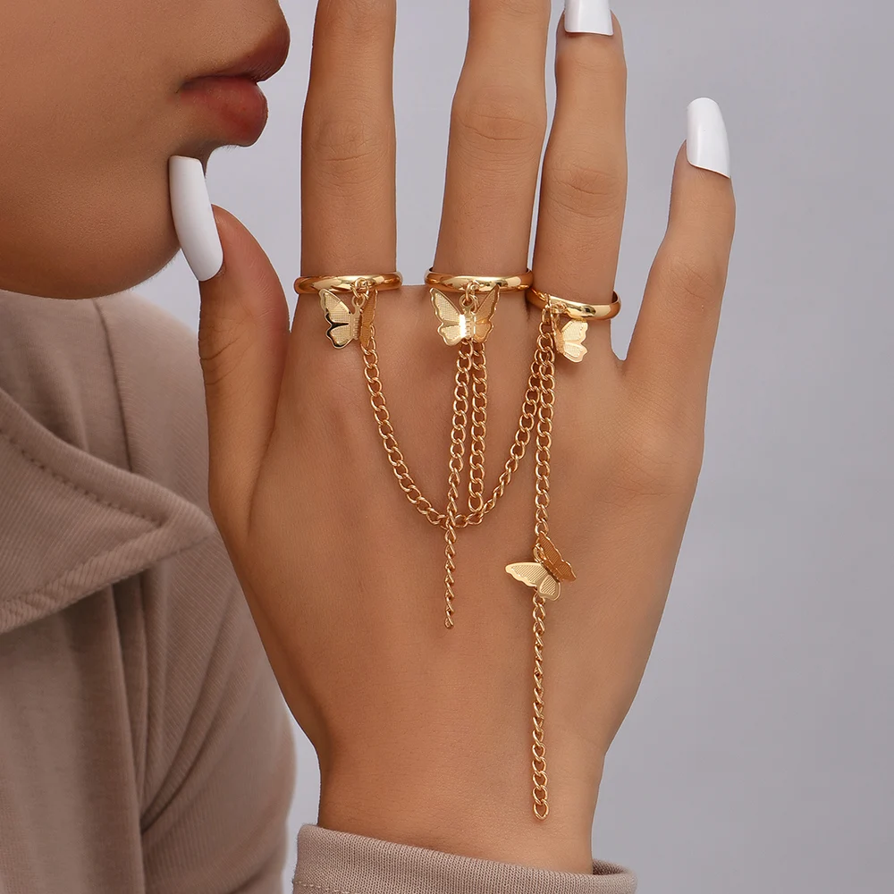 Simple Heart Pendant Chain Bracelet Link Connected Gold Plated Wide Finger Ring Bracelets for Women Link Hand Harness Jewelry
