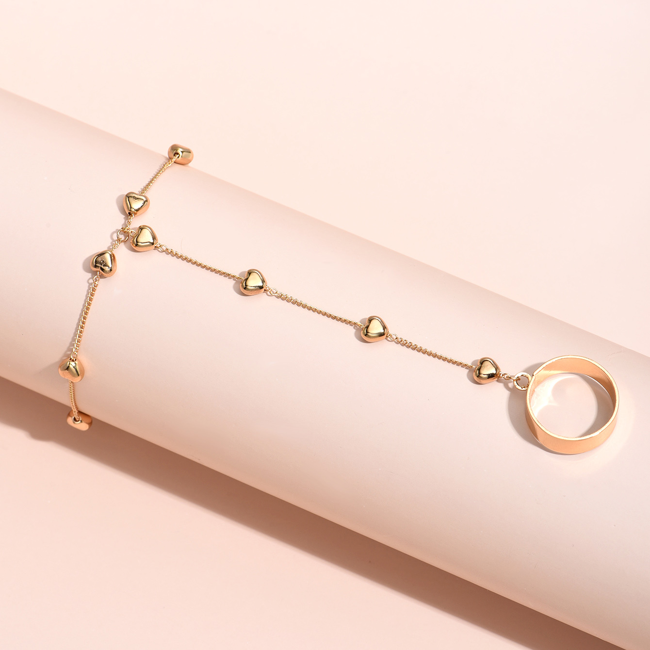 Simple Heart Pendant Chain Bracelet Link Connected Gold Plated Wide Finger Ring Bracelets for Women Link Hand Harness Jewelry