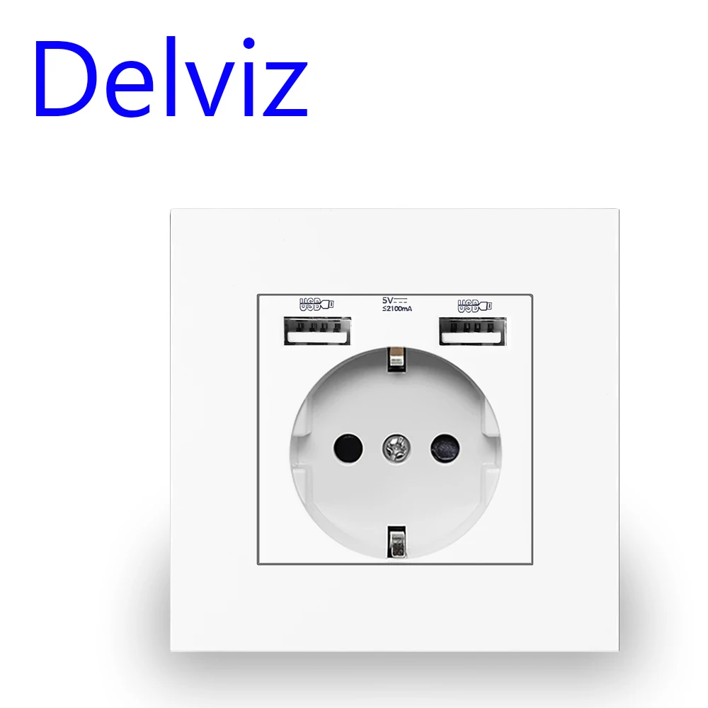 Delviz EU Standard USB Socket, AC 110V-250V, 16A Wall Embedded Outlet, 5V 2A Dual USB Charge Hole, EU Power Socket With USB Port