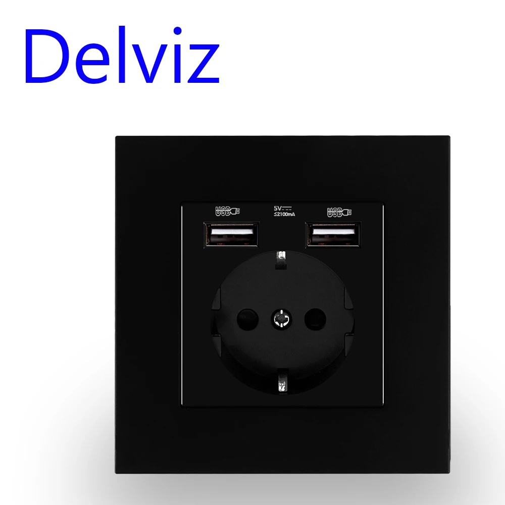 Delviz EU Standard USB Socket, AC 110V-250V, 16A Wall Embedded Outlet, 5V 2A Dual USB Charge Hole, EU Power Socket With USB Port
