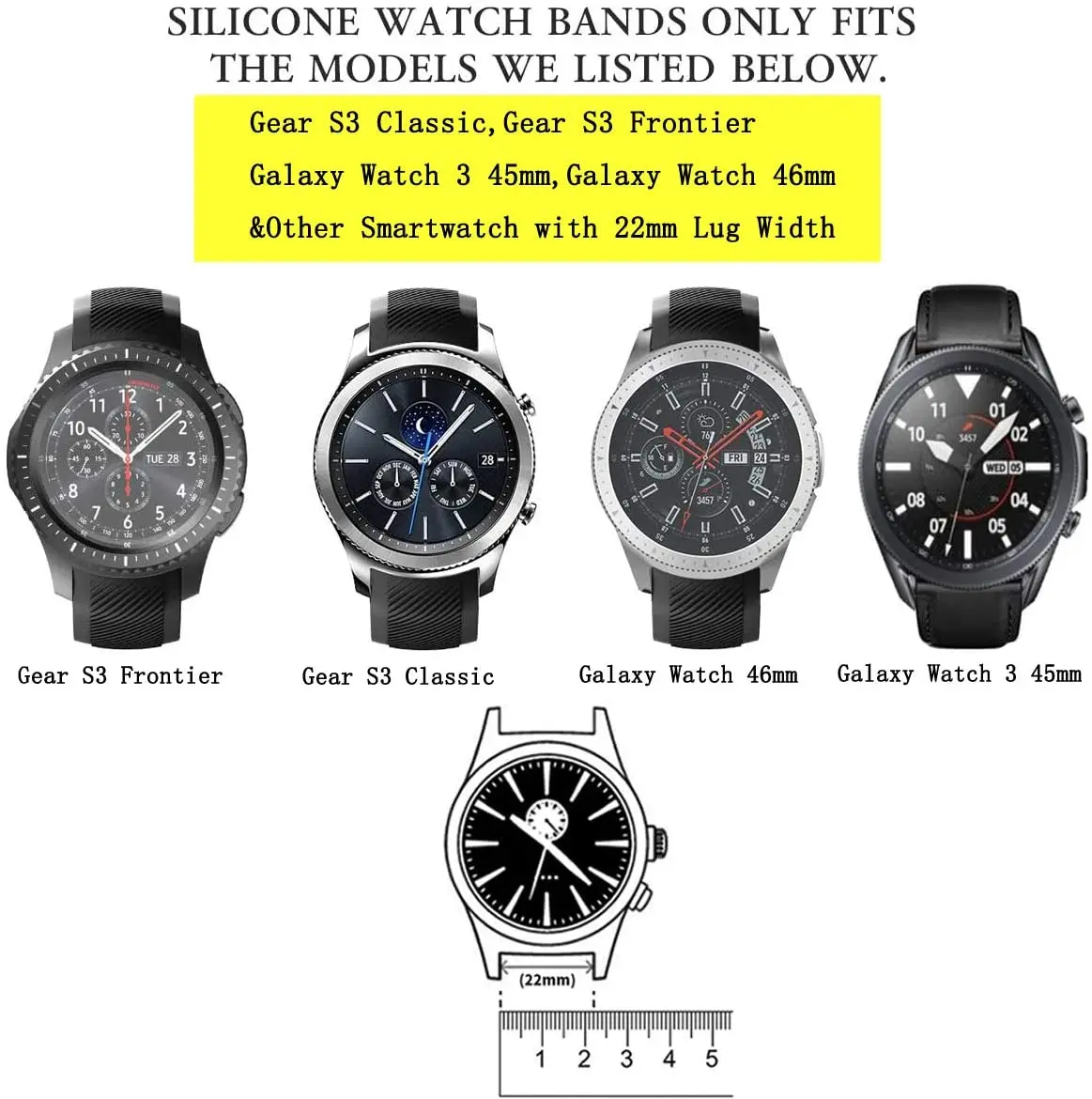 20mm 22mm Band for Samsung Galaxy Watch 3 4 5 46mm/42mm/active 2 Gear S3 Frontier/S2/Sport Silicone Bracelet Huawei GT 2 Strap