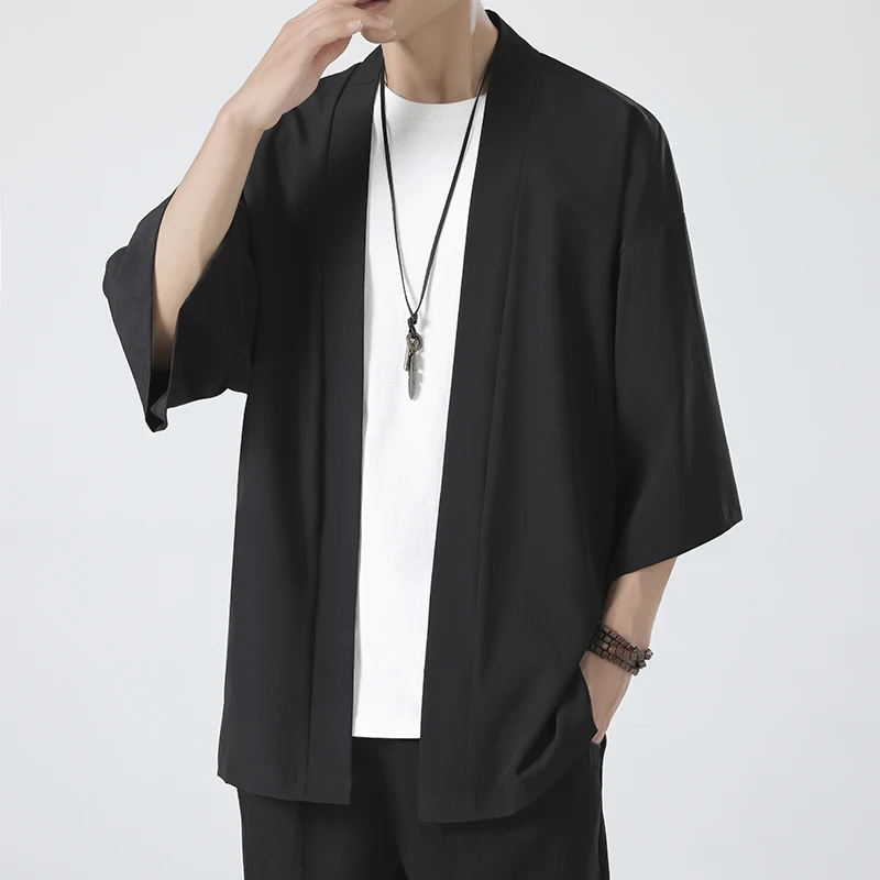 Spring Summer Men's Japanese Kimono Shirts Casual Open Stitch Lightweight Fashion Solid Three Quarter Loose Couple Shirts M-5XL