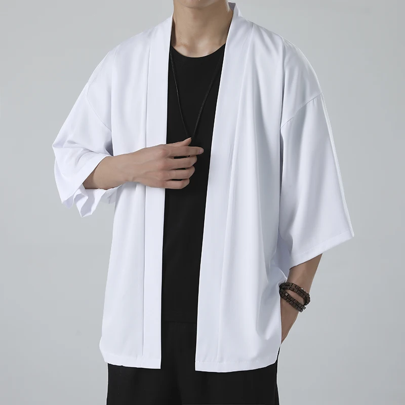 Spring Summer Men's Japanese Kimono Shirts Casual Open Stitch Lightweight Fashion Solid Three Quarter Loose Couple Shirts M-5XL