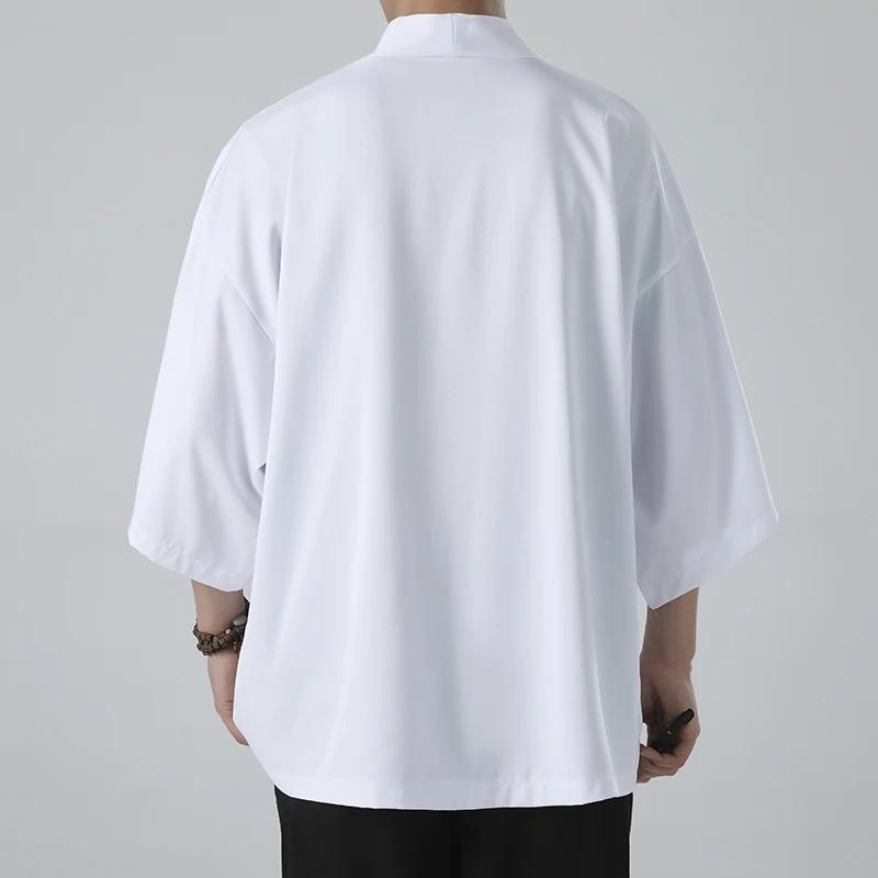 Spring Summer Men's Japanese Kimono Shirts Casual Open Stitch Lightweight Fashion Solid Three Quarter Loose Couple Shirts M-5XL