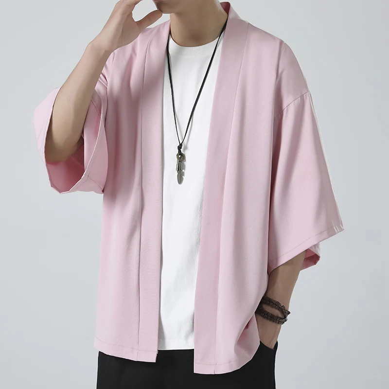 Spring Summer Men's Japanese Kimono Shirts Casual Open Stitch Lightweight Fashion Solid Three Quarter Loose Couple Shirts M-5XL