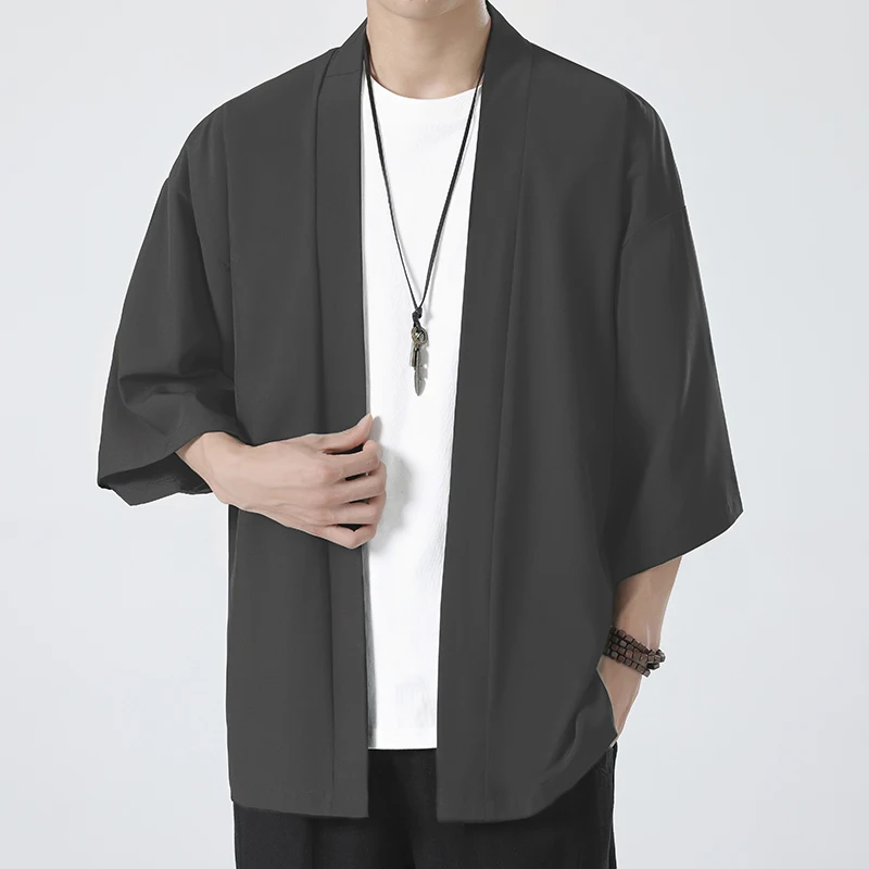 Spring Summer Men's Japanese Kimono Shirts Casual Open Stitch Lightweight Fashion Solid Three Quarter Loose Couple Shirts M-5XL