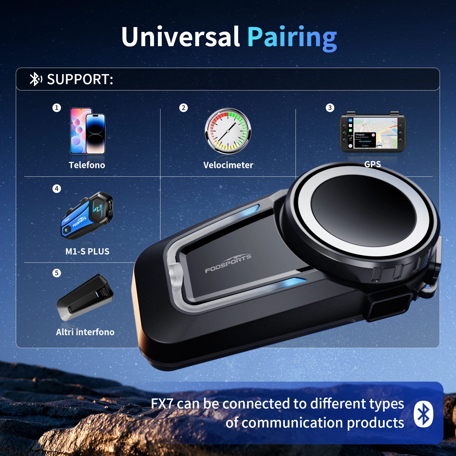 Fodsports FX7 Mesh Motorcycle Intercom Bluetooth Helmet Headset,Helmet Intercom,10 Riders 2000M,BT5.4,APP Connect.