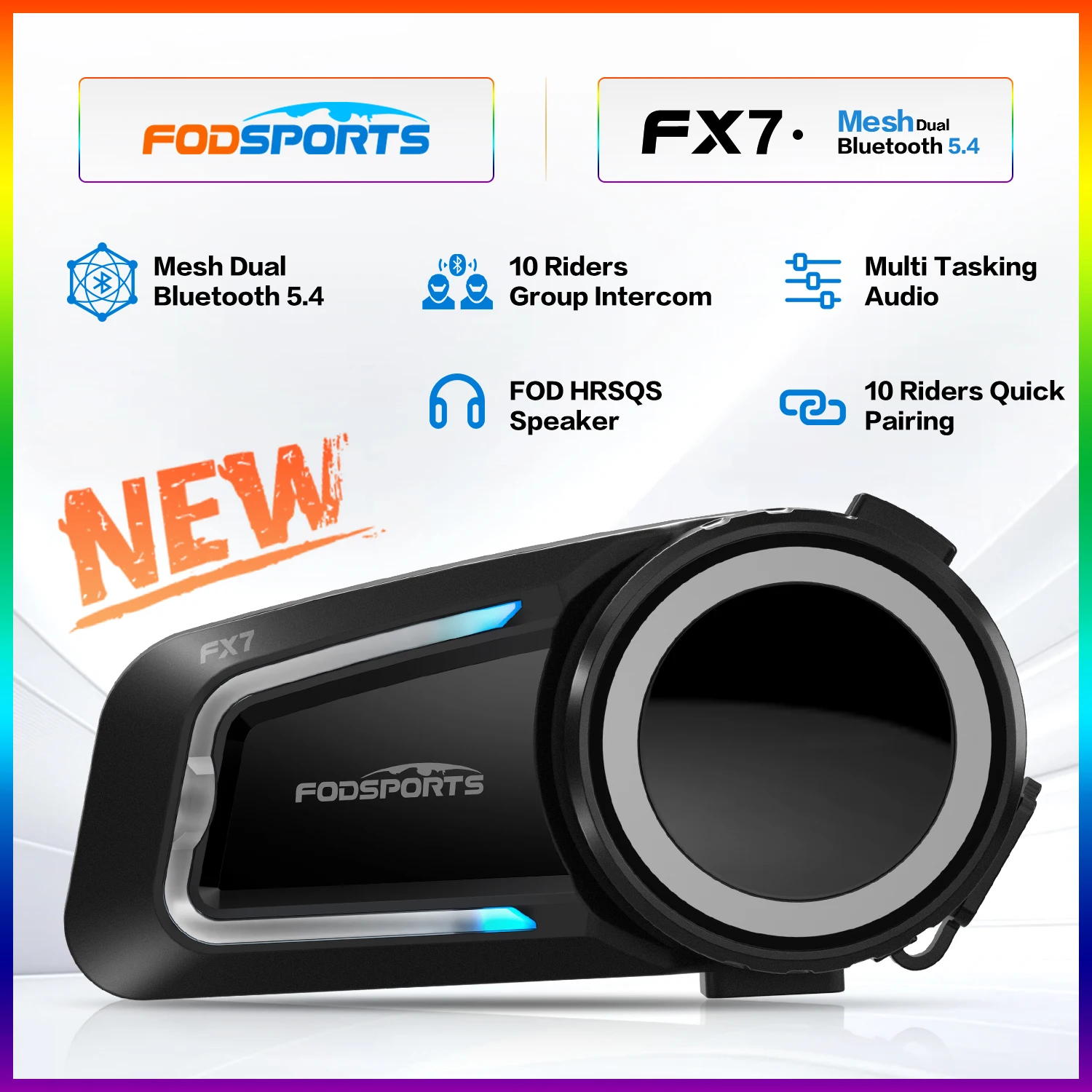 Fodsports FX7 Mesh Motorcycle Intercom Bluetooth Helmet Headset,Helmet Intercom,10 Riders 2000M,BT5.4,APP Connect.