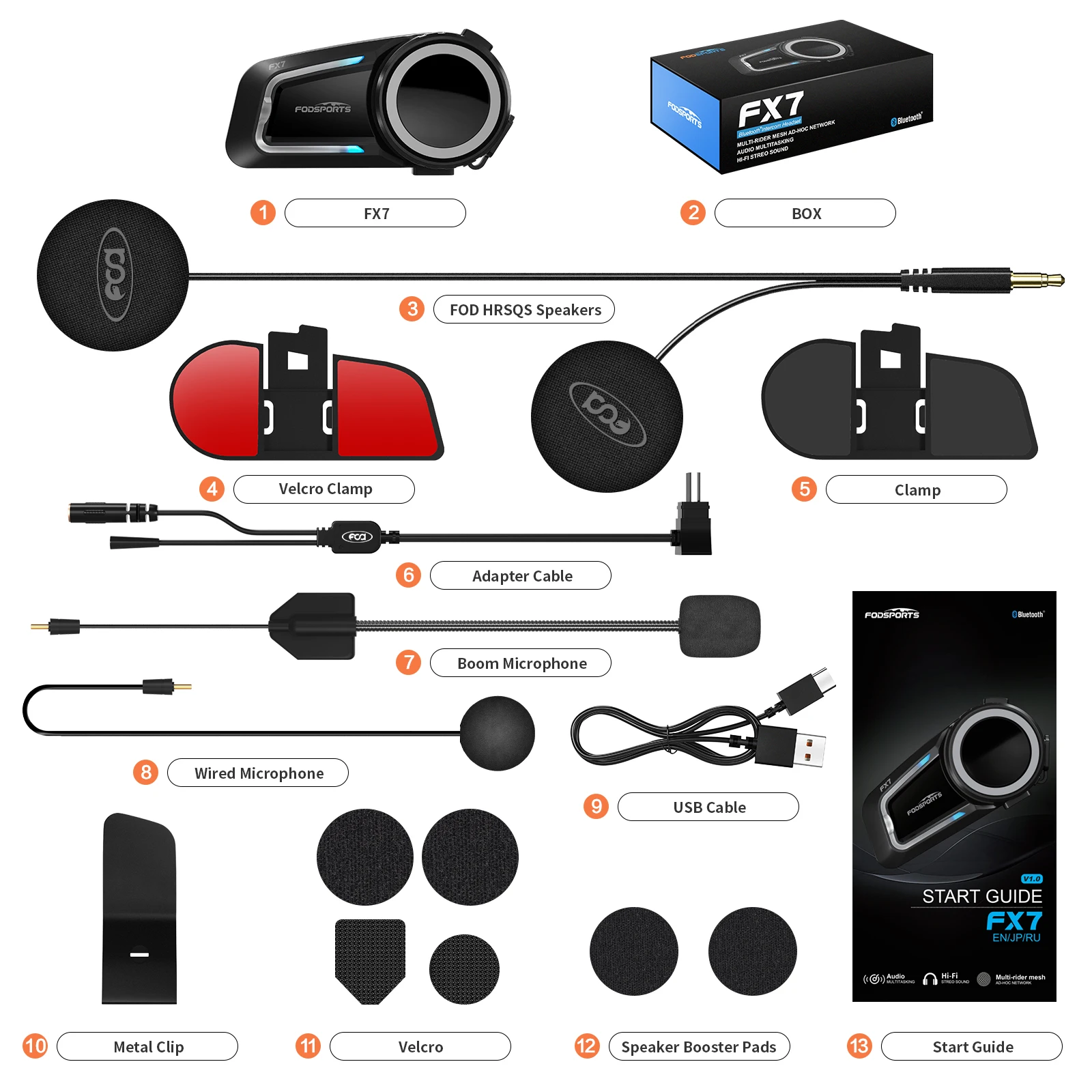 Fodsports FX7 Mesh Motorcycle Intercom Bluetooth Helmet Headset,Helmet Intercom,10 Riders 2000M,BT5.4,APP Connect.