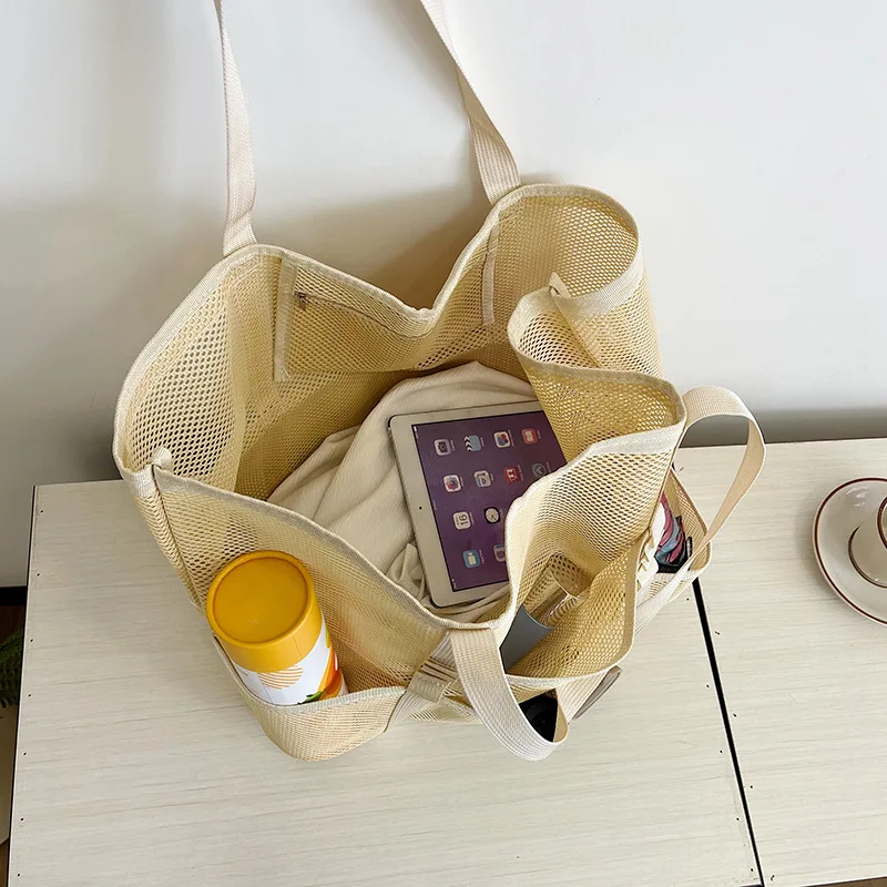 Large Capacity Canvas Beach bag Versatile Commuting Shopping Shoulder bag Lightweight Semi Transparent Mesh Hollow bag