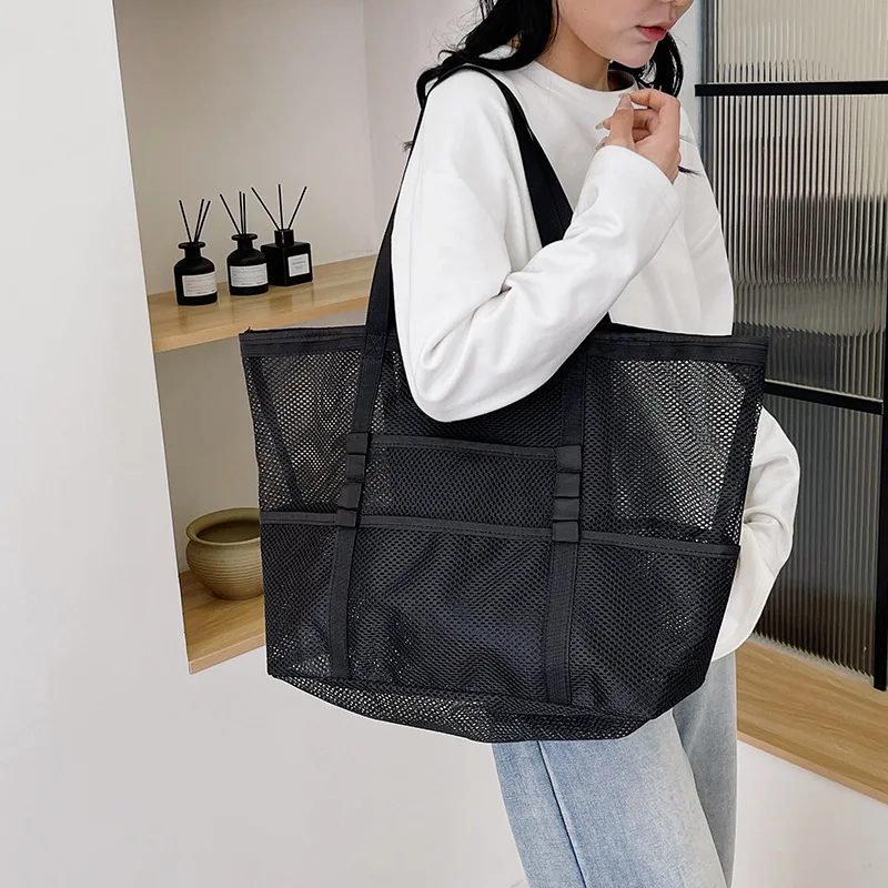 Large Capacity Canvas Beach bag Versatile Commuting Shopping Shoulder bag Lightweight Semi Transparent Mesh Hollow bag