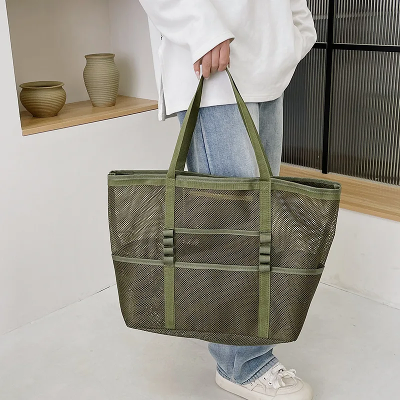 Large Capacity Canvas Beach bag Versatile Commuting Shopping Shoulder bag Lightweight Semi Transparent Mesh Hollow bag