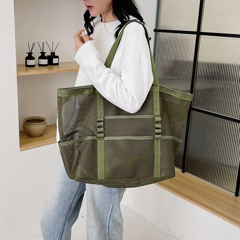 Large Capacity Canvas Beach bag Versatile Commuting Shopping Shoulder bag Lightweight Semi Transparent Mesh Hollow bag