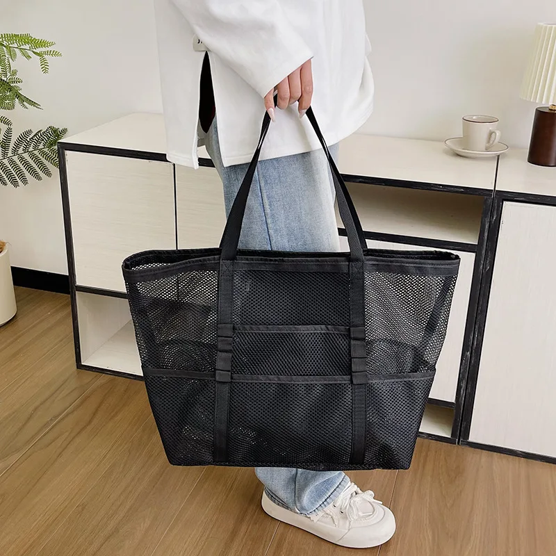 Large Capacity Canvas Beach bag Versatile Commuting Shopping Shoulder bag Lightweight Semi Transparent Mesh Hollow bag