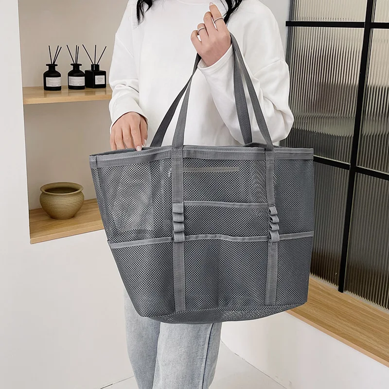 Large Capacity Canvas Beach bag Versatile Commuting Shopping Shoulder bag Lightweight Semi Transparent Mesh Hollow bag