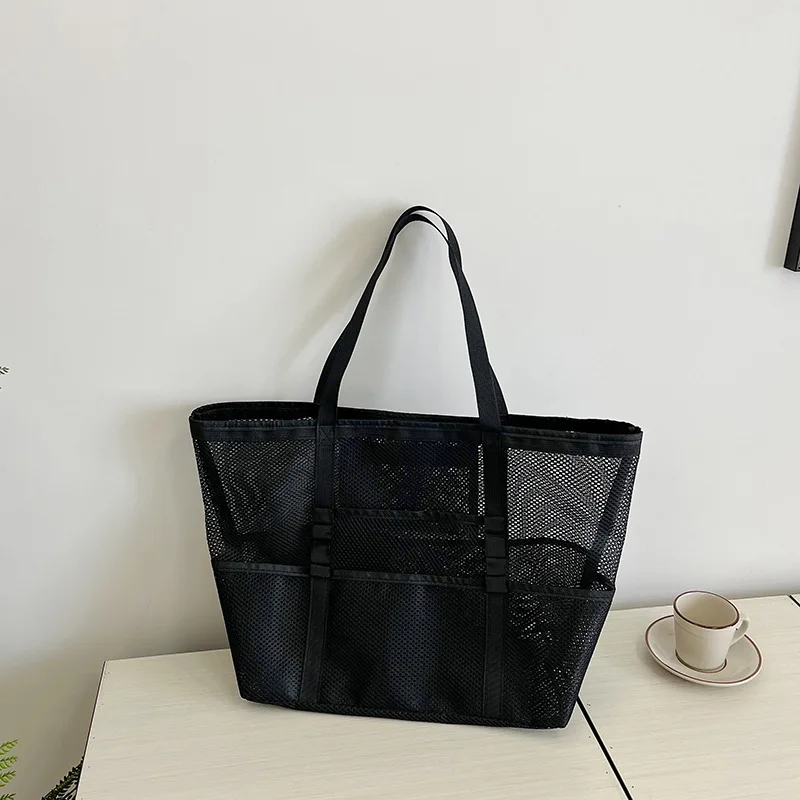Large Capacity Canvas Beach bag Versatile Commuting Shopping Shoulder bag Lightweight Semi Transparent Mesh Hollow bag