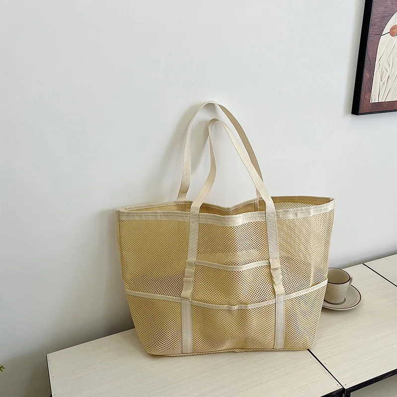 Large Capacity Canvas Beach bag Versatile Commuting Shopping Shoulder bag Lightweight Semi Transparent Mesh Hollow bag