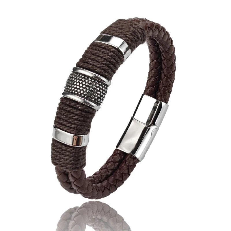 Luxury Vintage Multilayer Brown Leather Stainless Steel Men Bracelet Bead Bracelet Jewelry Male Wrist Bangle Christmas Gifts