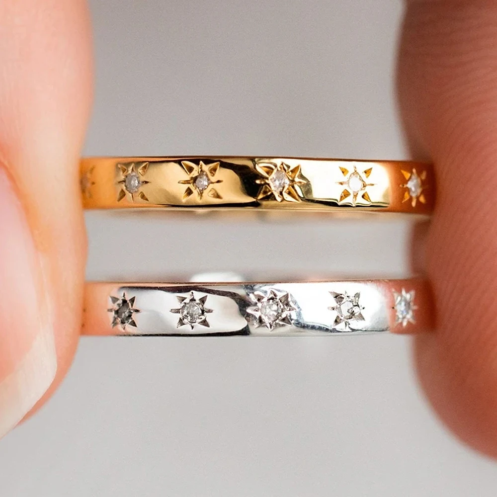 Huitan Korean Style Simple Metal Rings for Women Inlaid Shiny CZ Stone Daily Wearable Accessories Versatile Lady Finger Jewelry